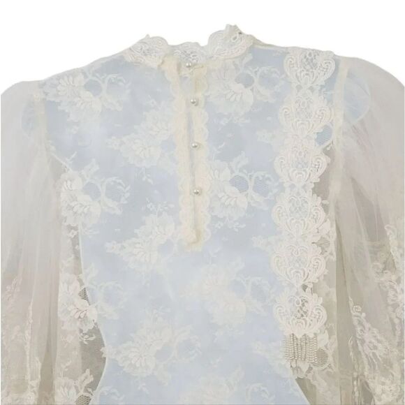 Vintage Victorian Flutter Puff Sleeve Sheer Ivory Lace Formal Wedding Dress M/L - Picture 10 of 13